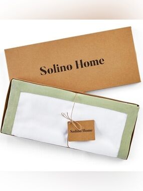 NWT Solino Home Linen Table Runner 36” Long 100% Pure Linen Sage Green and White